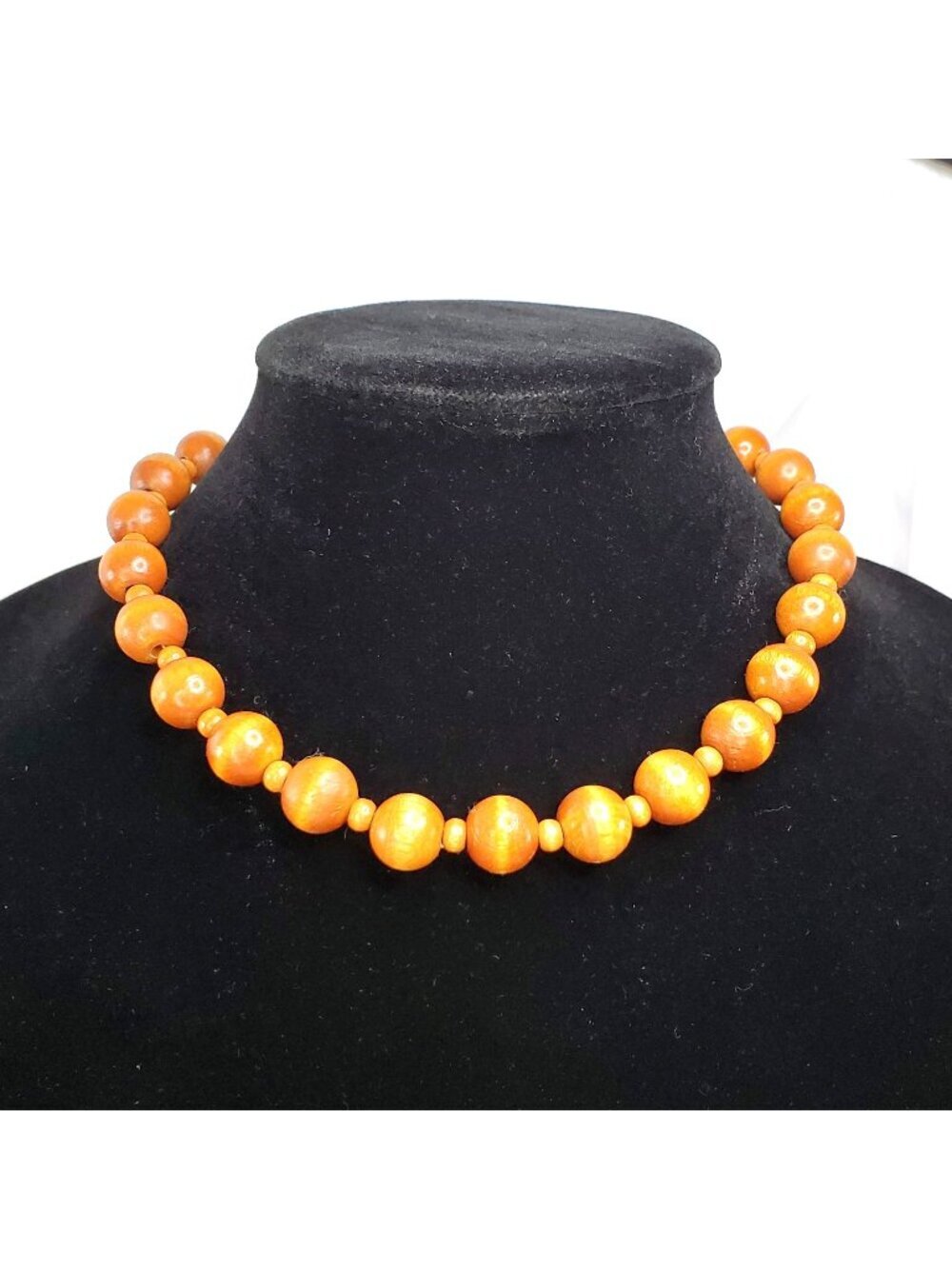 Vintage Brown Wooden Beaded Chunky Choker Collar Statement Necklace 17" Boho